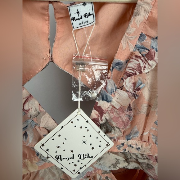 Angel Biba Peach Floral Ruffle Cutout Back Mini Dress Boho Festival NWT Size S - Picture 6 of 7